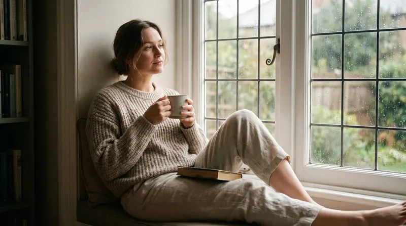 A woman sitting by a window with a cup of tea