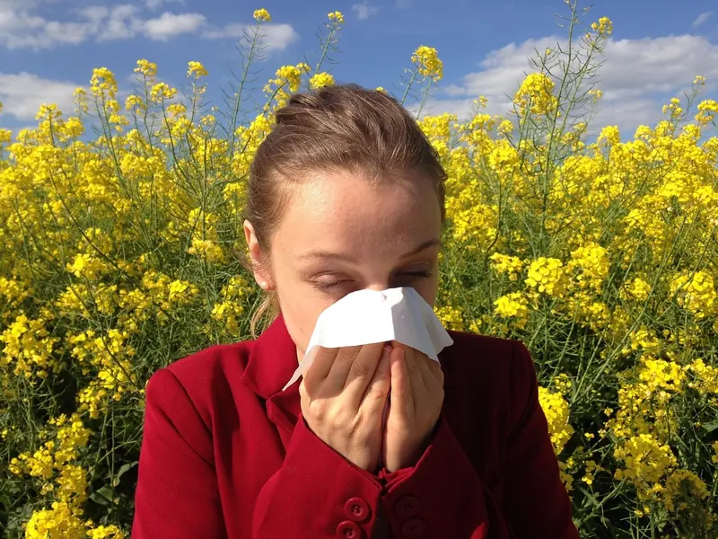 A woman sneezing into a tissue in a flowering field