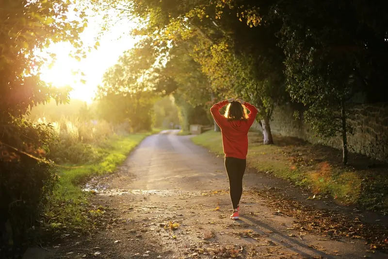 A person walking along a sunlit path